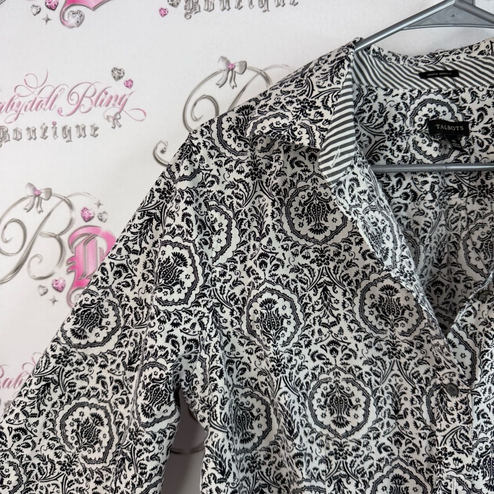Talbots shirt, wrinkle, resistant, collared, Monochrome Patterned Blouse top - Picture 7 of 14